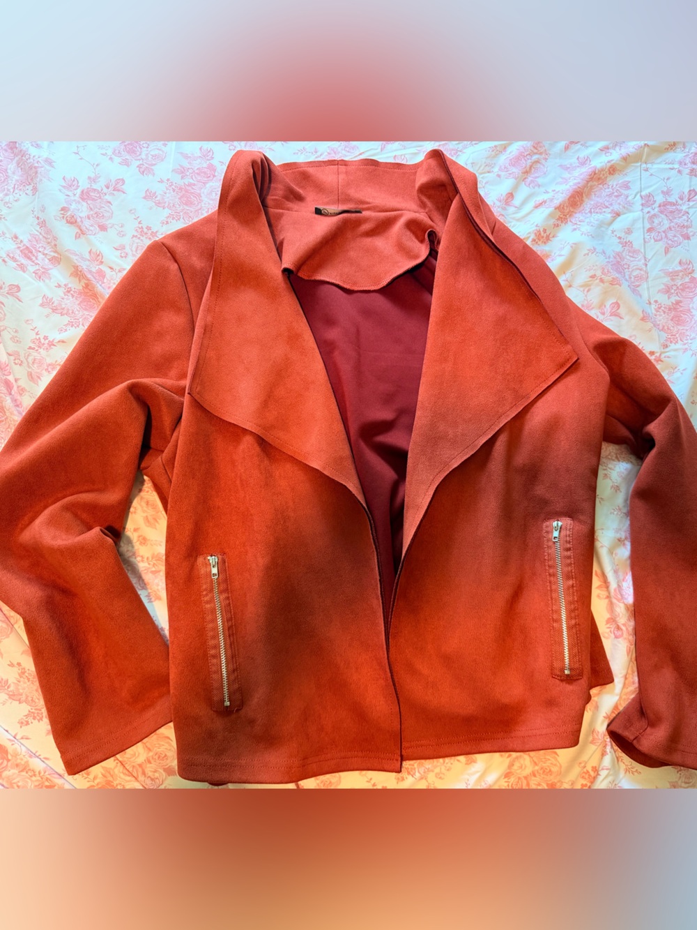 Open-Front Suede-Feel Blazer Jacket in Rust Red